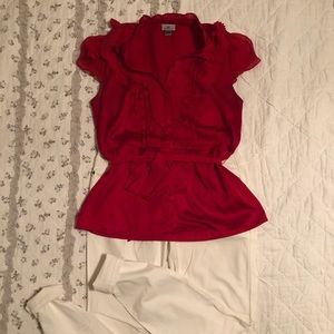 Red tie waist satin top with ruffle detail - M